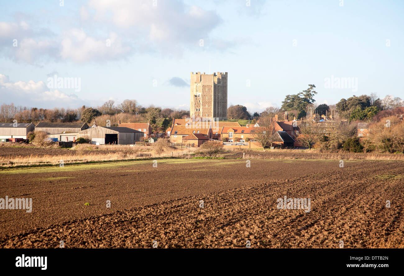 View of the village and castle looking across fields, Orford, Suffolk