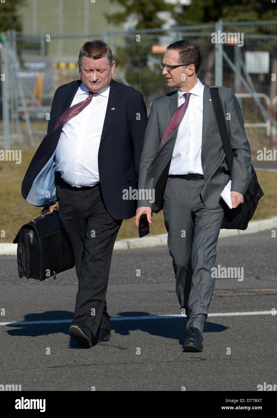 Berlin, Germany. 24th Feb, 2014. German Health Minister Hermann Groehe (CDU) and German Minister of Justice Heiko Maas (SPD) walk to a government aircraft at Tegel airport in Berlin, Germany, 24 February 2014. On the same day German Chancellor Merkel (CDU) travels to Israel with almost all the members of her cabinet for a two day official visit. Photo: Rainer Jensen/dpa/Alamy Live News Stock Photo