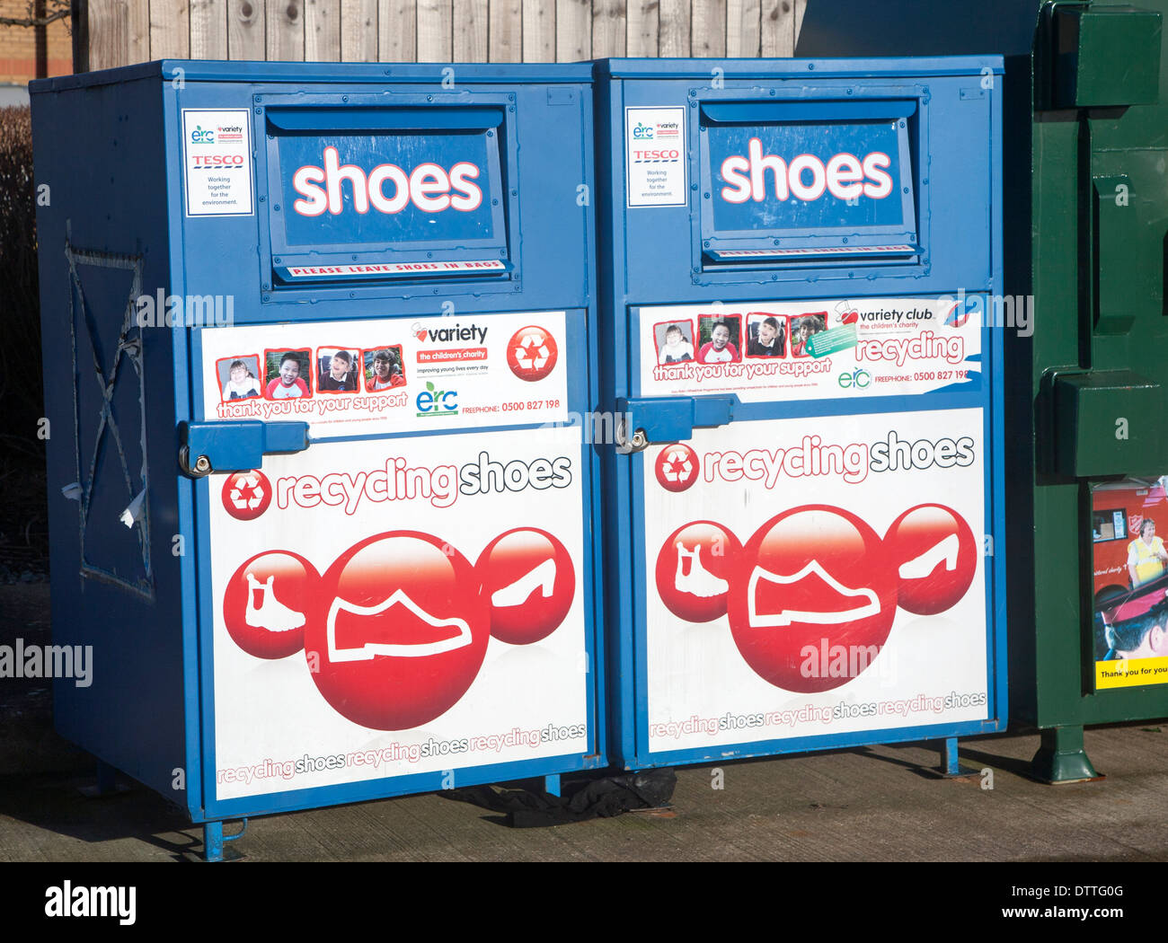 Shoe recycling collection containers at a tesco store hi res stock