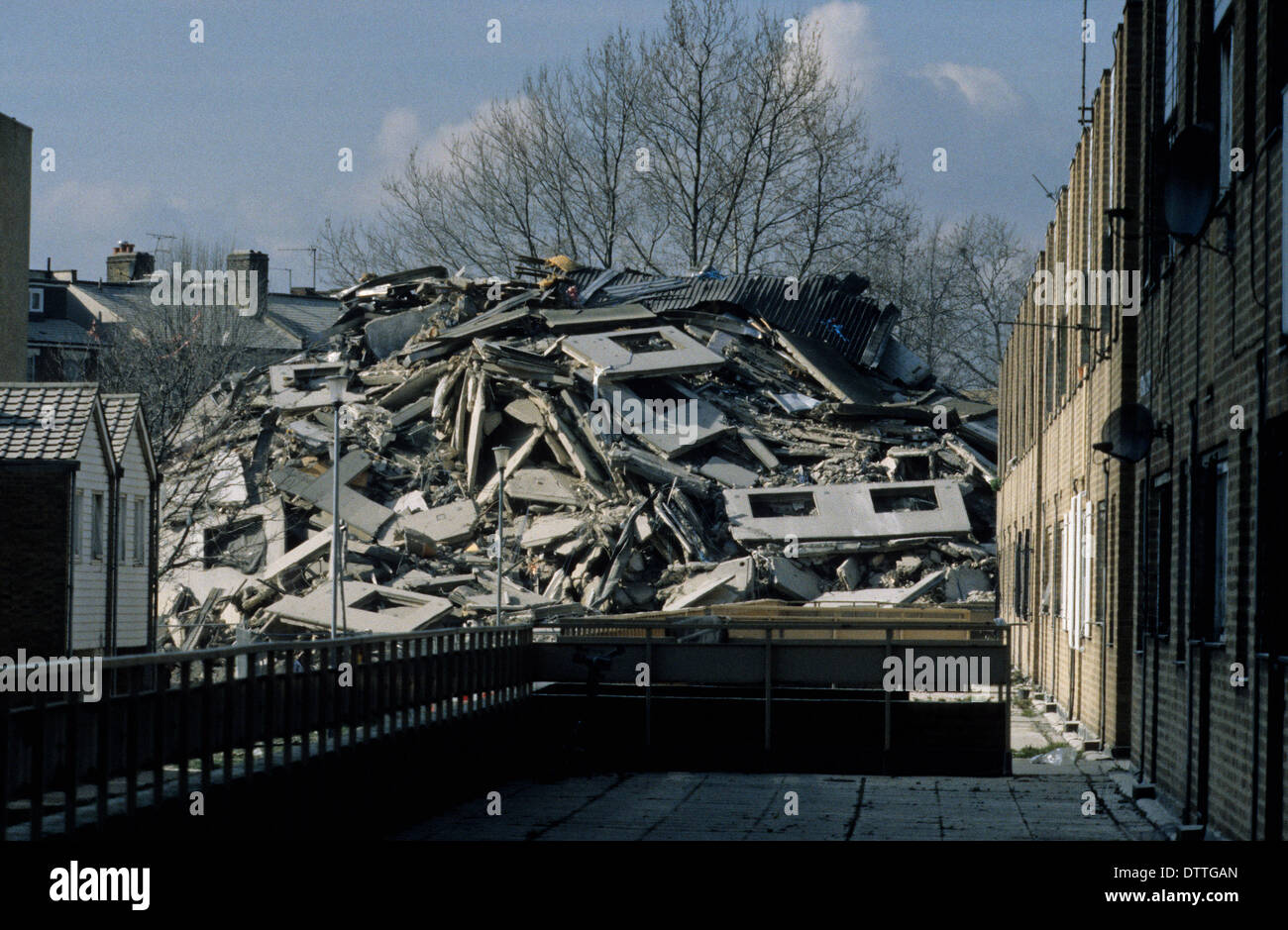 Rubble remains from demolition of a block of council flats in Hackney London England Stock Photo