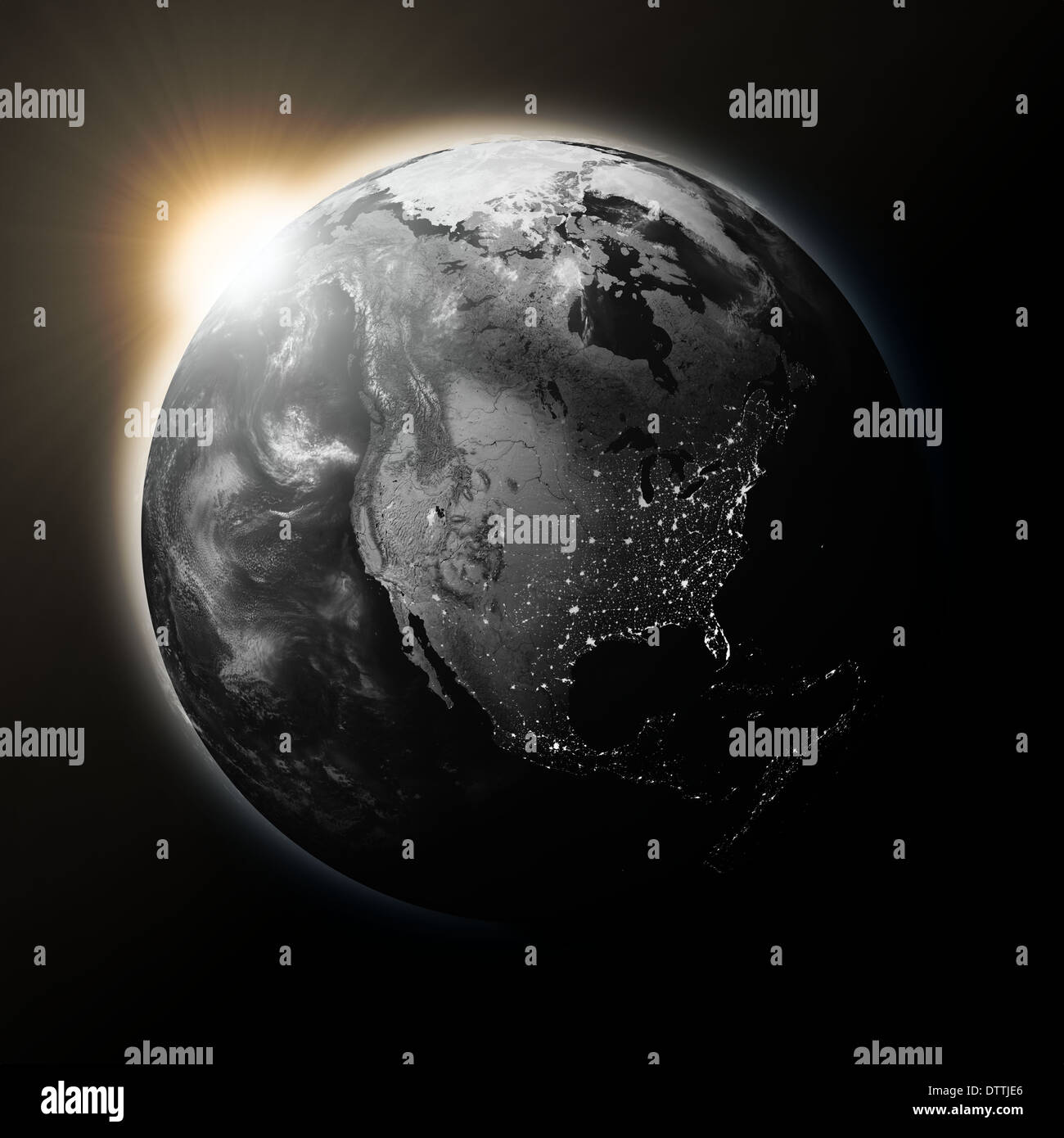 Sun over North America on dark planet Earth isolated on black ...