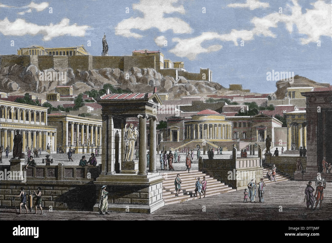 Athens. Agora or marketplace. The Acropolis is in the background. Engraving by J. Buhlmann, color Stock Photo