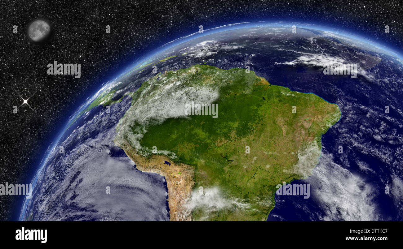 South America region on planet Earth from space with Moon and stars in ...