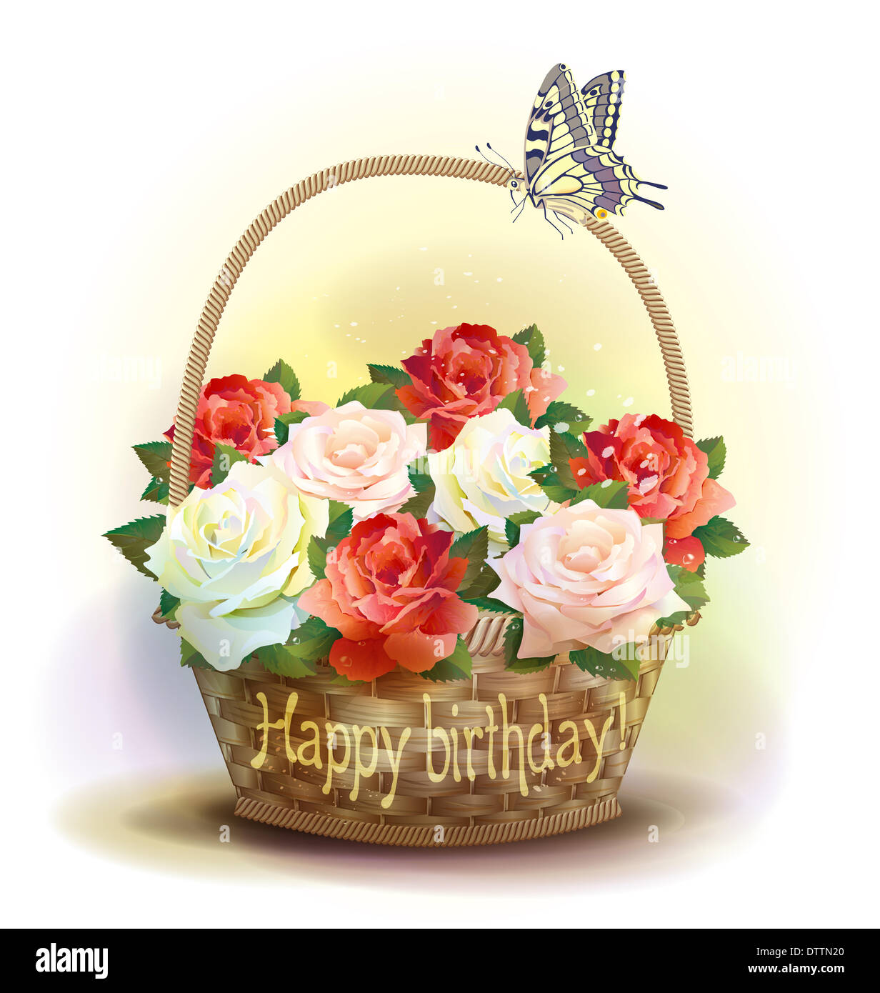 Wicker basket with roses. Birthday card Stock Photo - Alamy