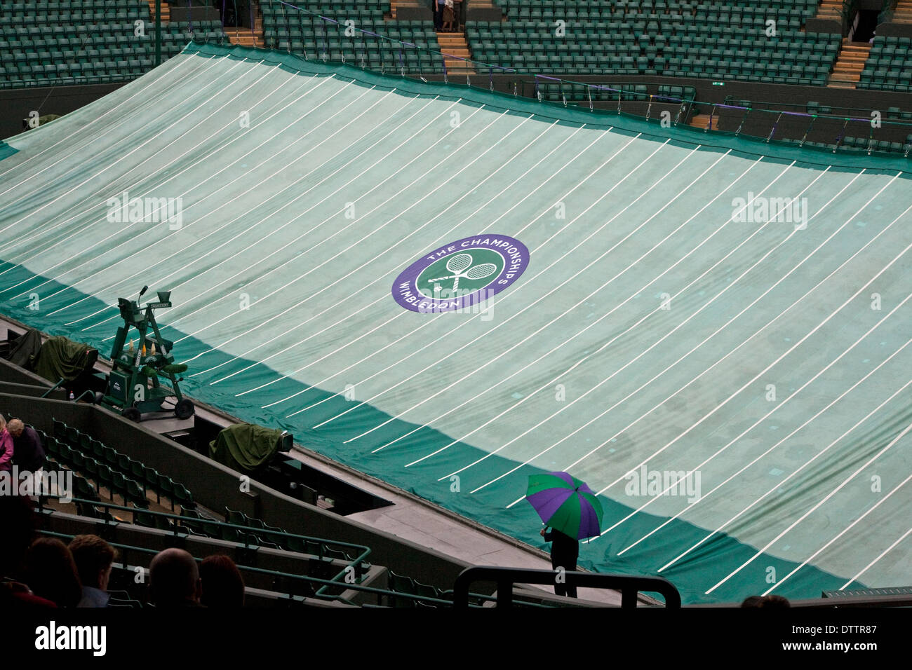 Groundsman umbrellas and television camera in the rain hires stock