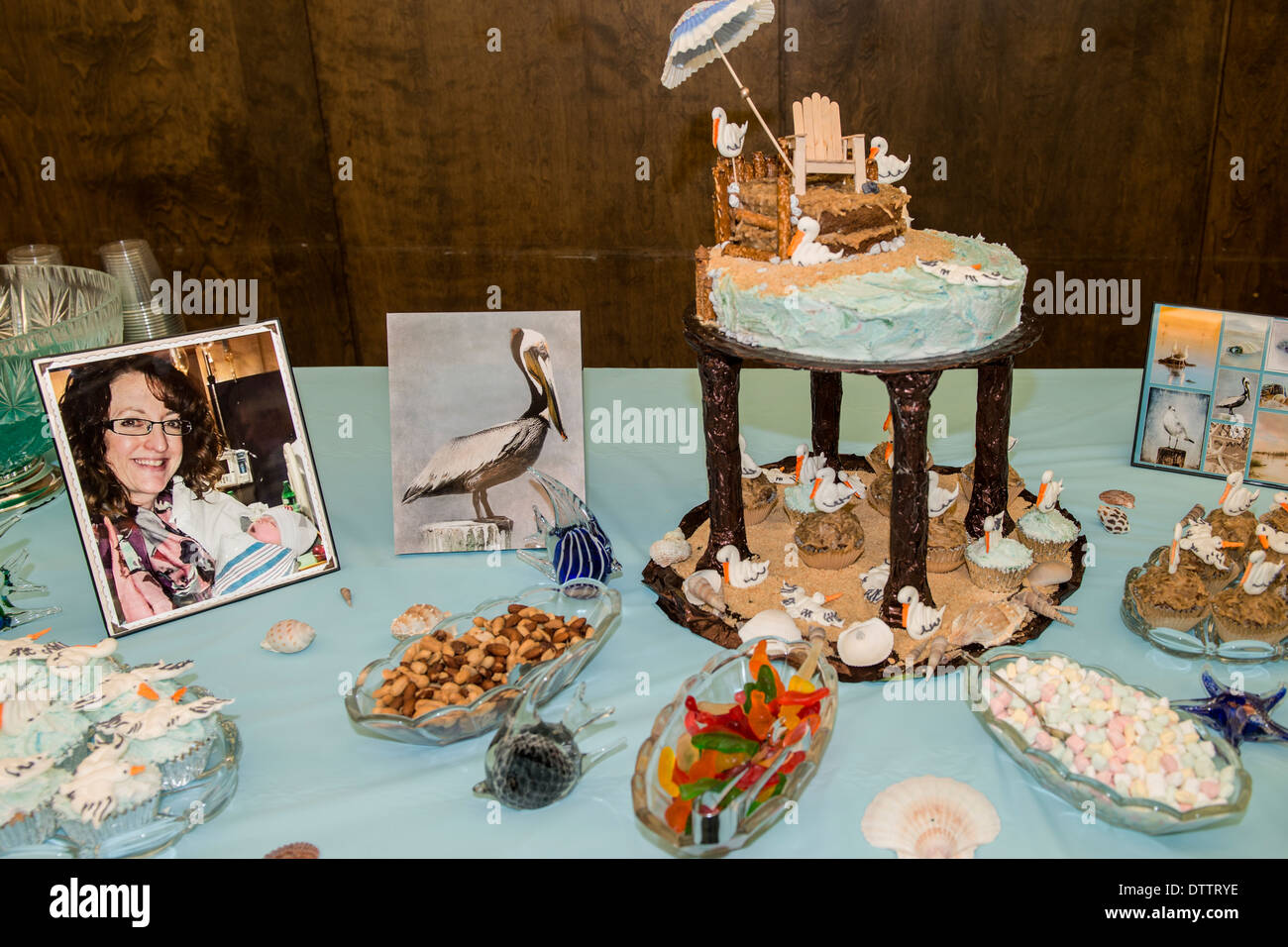 A serving table displaying items for a theme party, featuring pelicans and the sea. USA. Stock Photo
