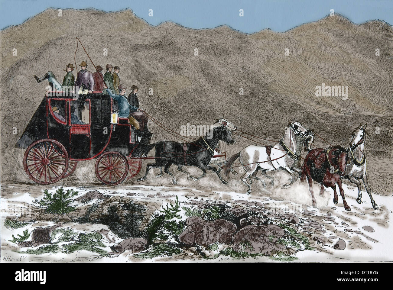 England. Travel. Stagecoach. Mail Coach. Engraving. 19th century (later colouration). Stock Photo