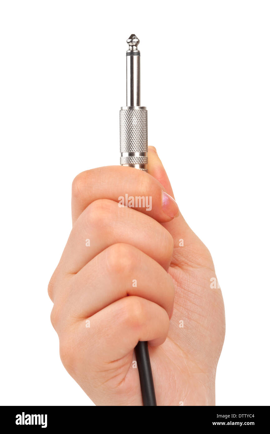 Hand with audio cable Stock Photo