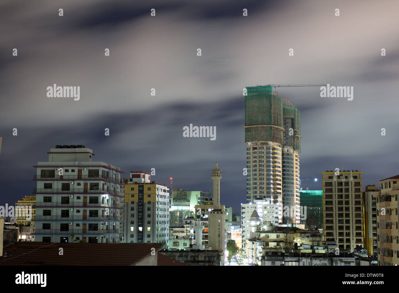 Night view of the downtown area of the city of Dar Es Salaam, Tanzania, at night Stock Photo