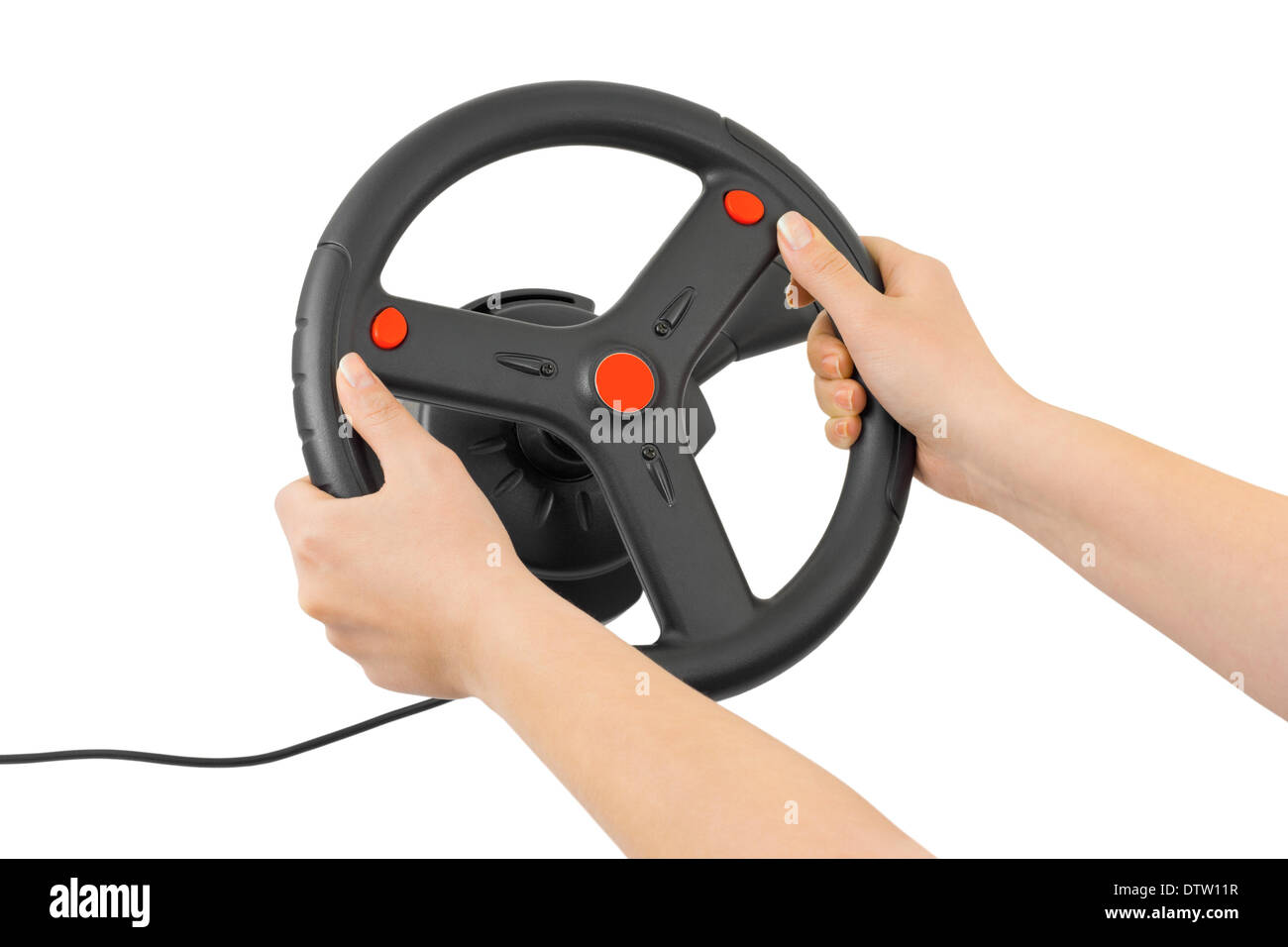 Computer steering wheel and hands Stock Photo