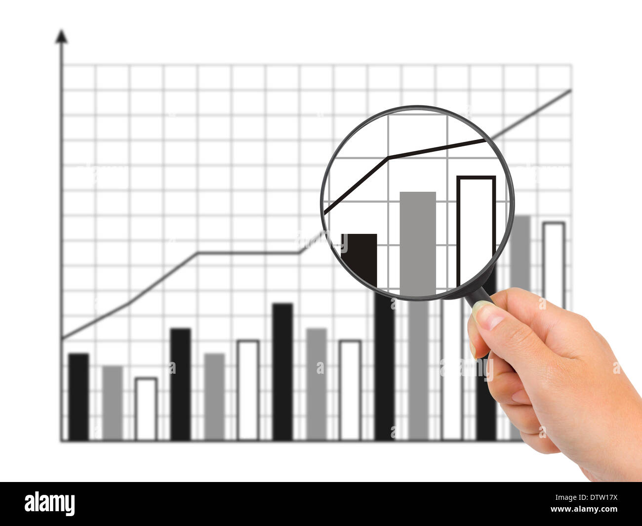Hand with magnifying glass and diagram Stock Photo - Alamy