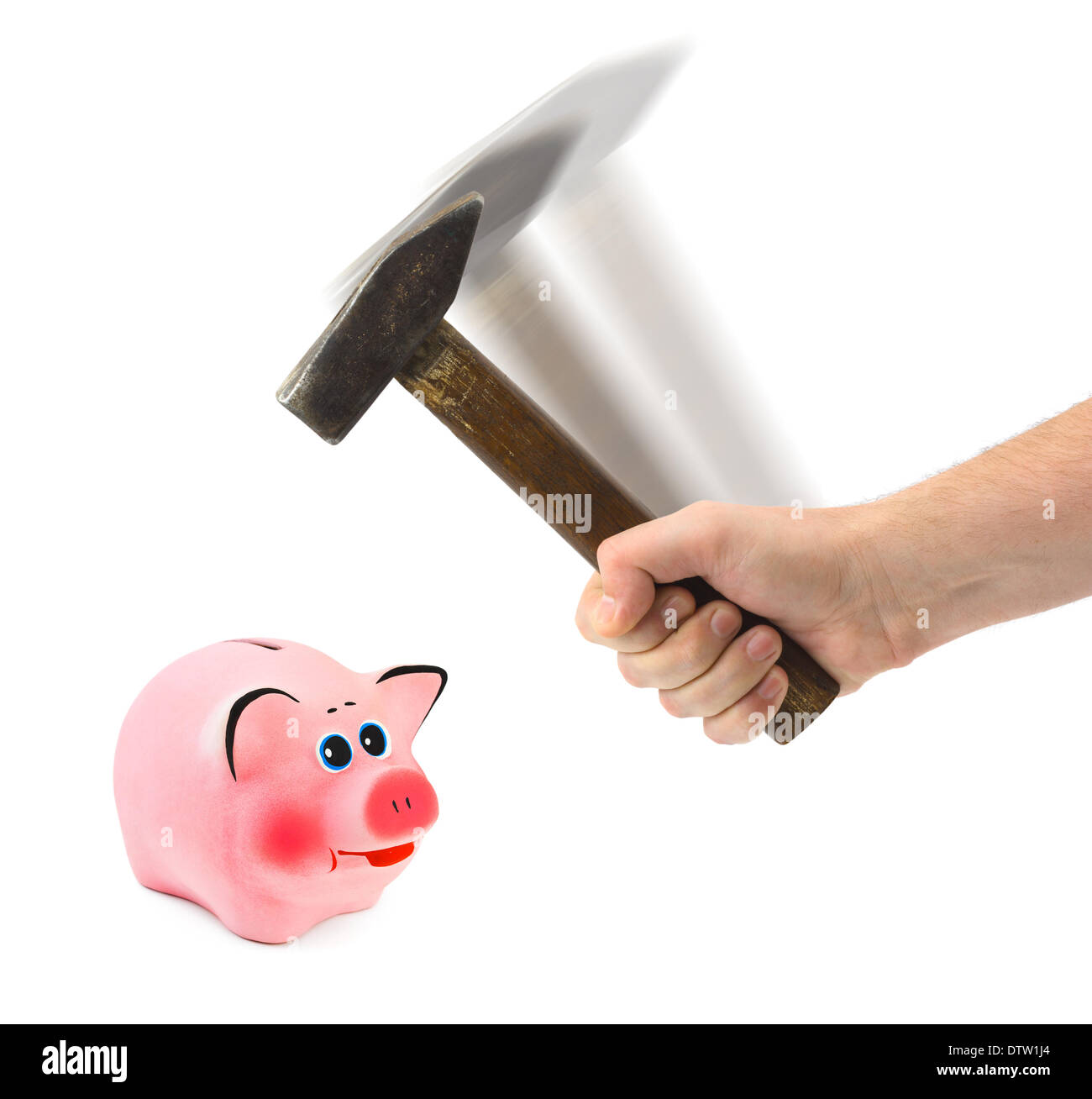 Hand with hammer and piggy bank Stock Photo - Alamy