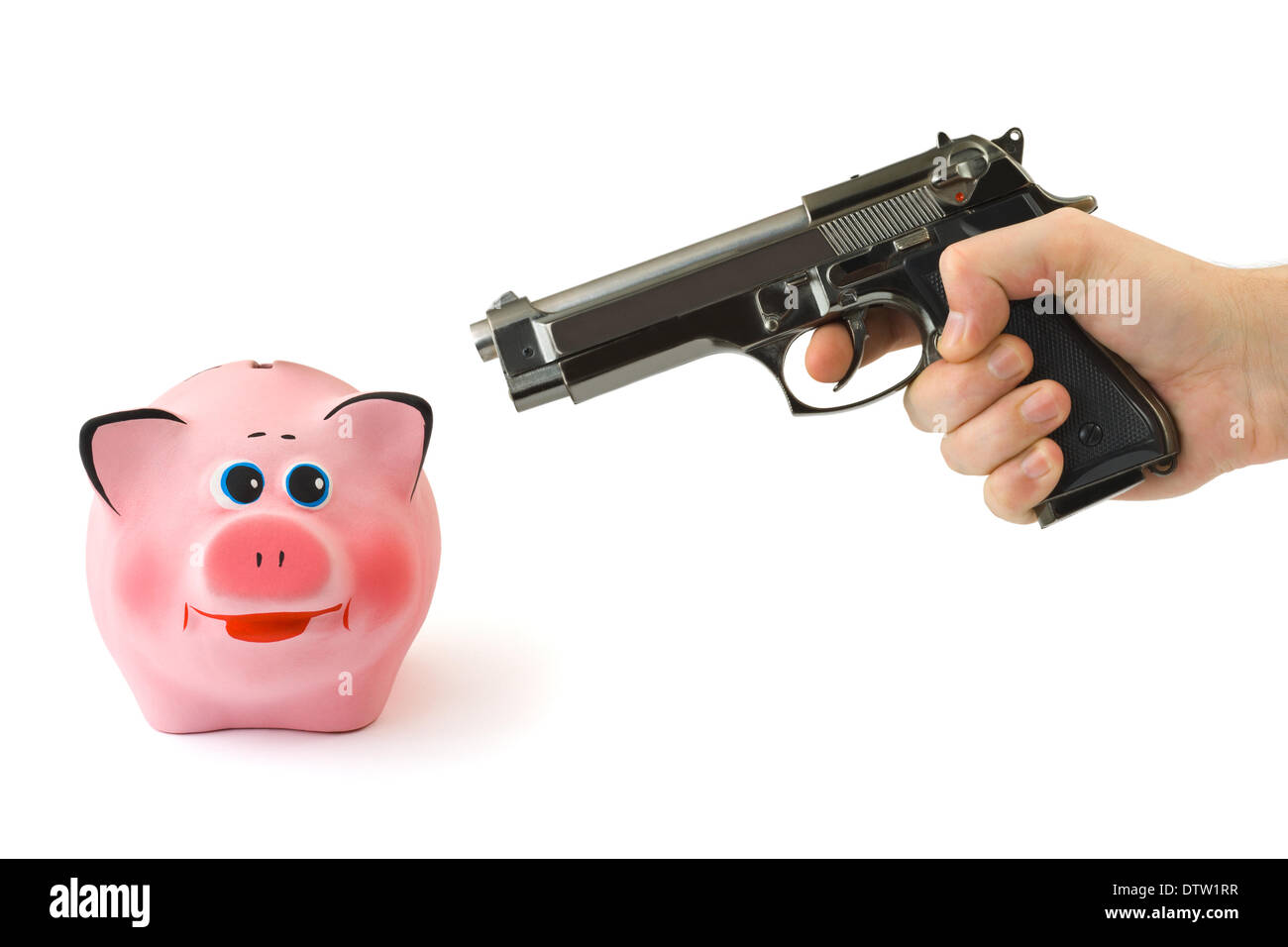 Piggy bank and hand with gun Stock Photo - Alamy