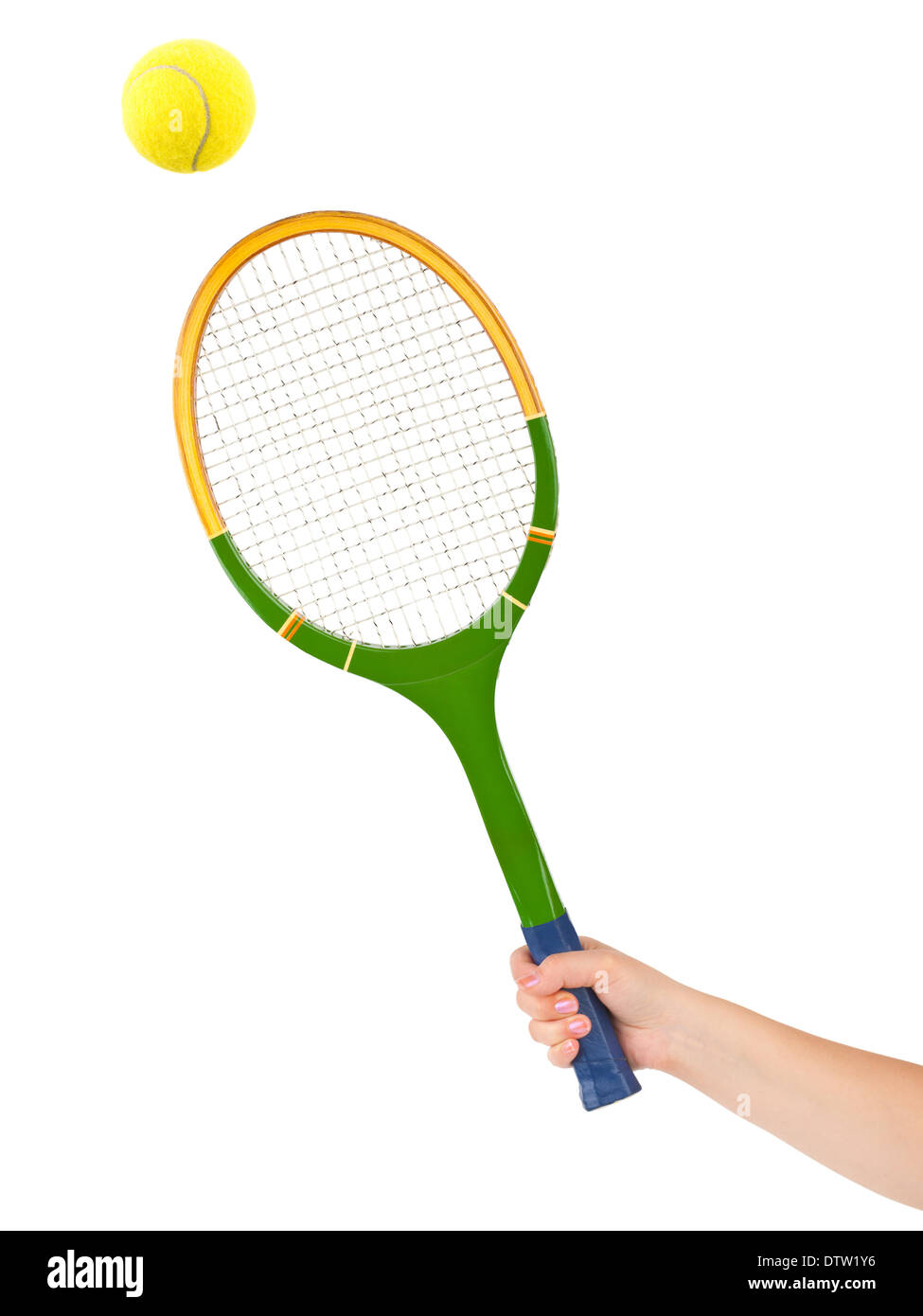 Hand with tennis racket and ball Stock Photo - Alamy