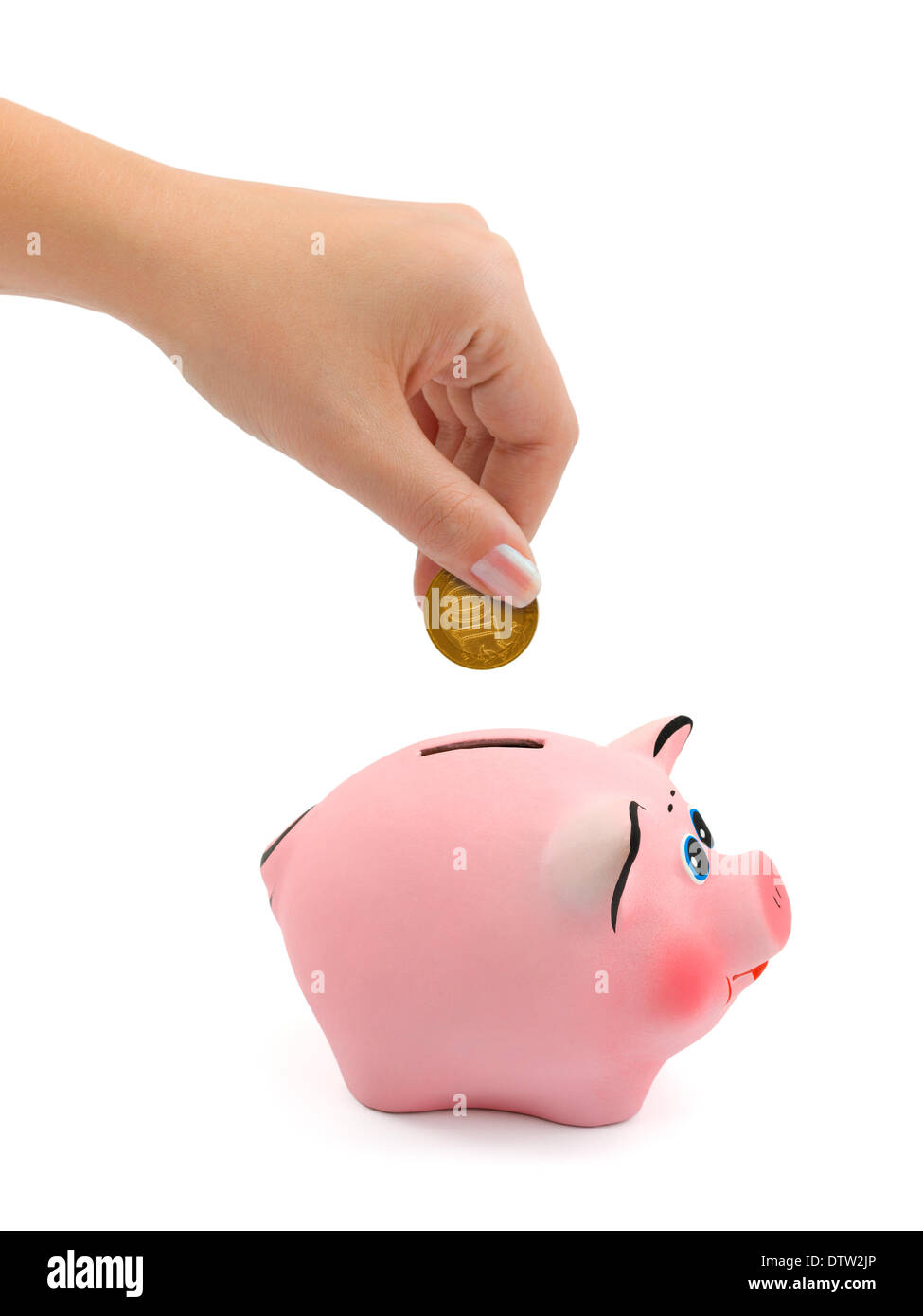 Piggy bank and hand with coin Stock Photo - Alamy