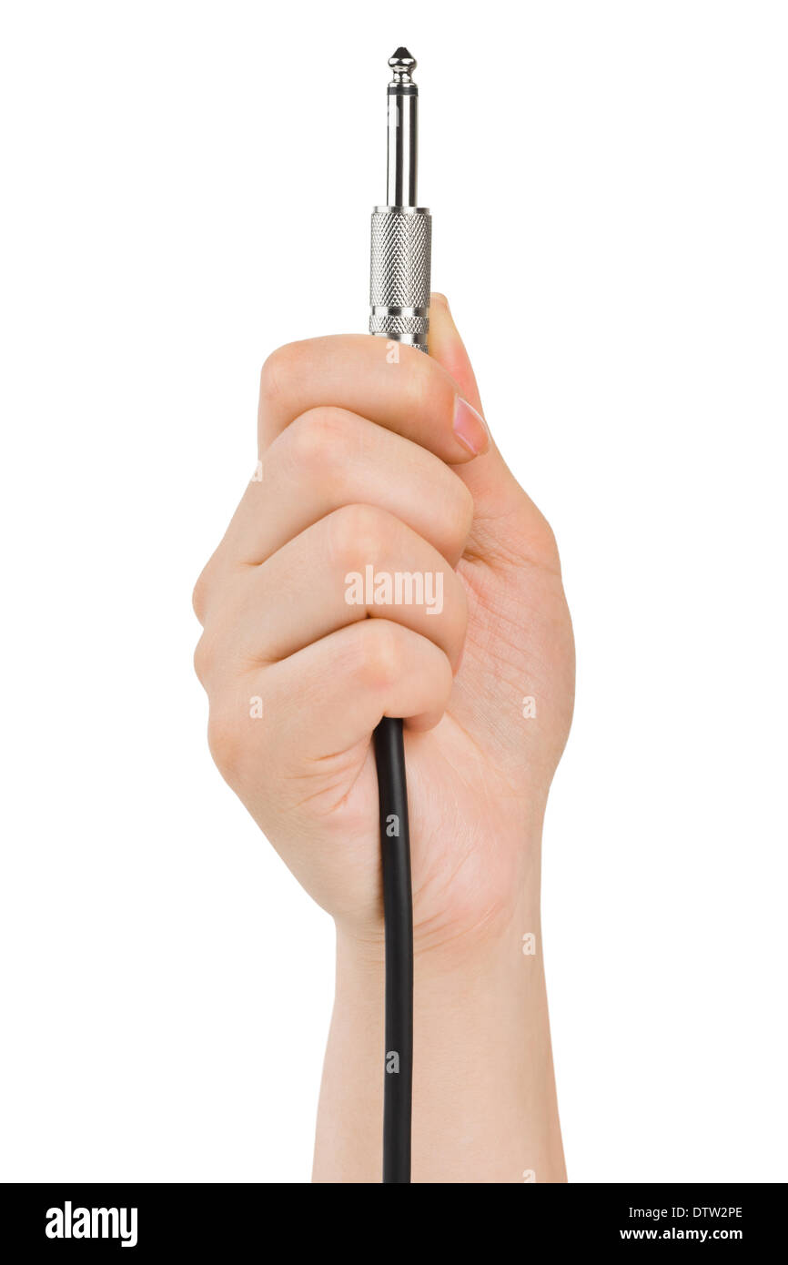 Hand with audio cable Stock Photo