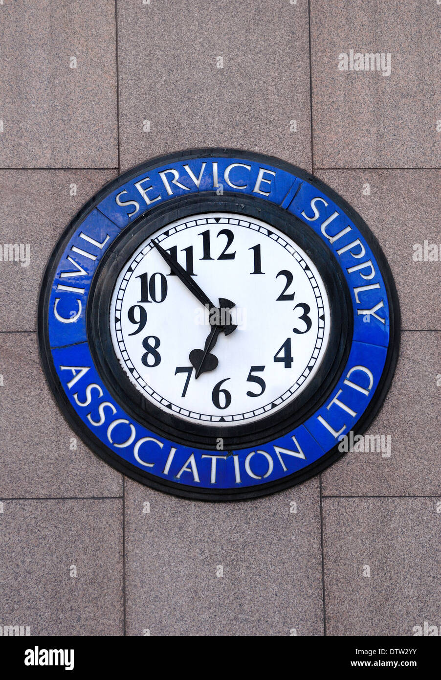London, England, UK. Civil Service Supply Association Ltd Clock on the