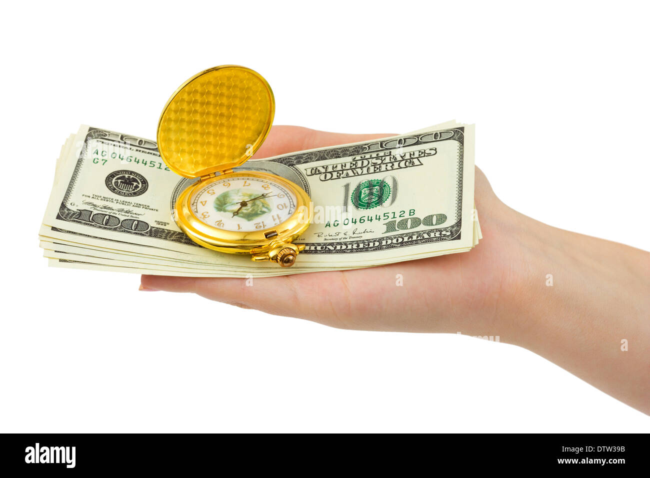 Watch and money in hand Stock Photo - Alamy