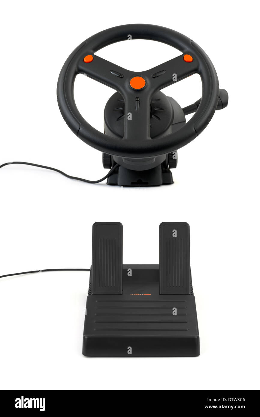 Computer steering wheel and pedals Stock Photo Alamy