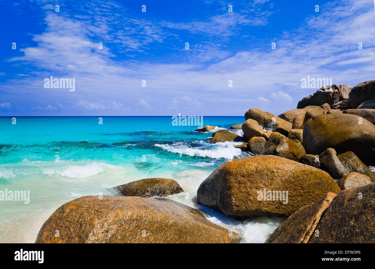 Tropical beach at island Praslin, Seychelles Stock Photo