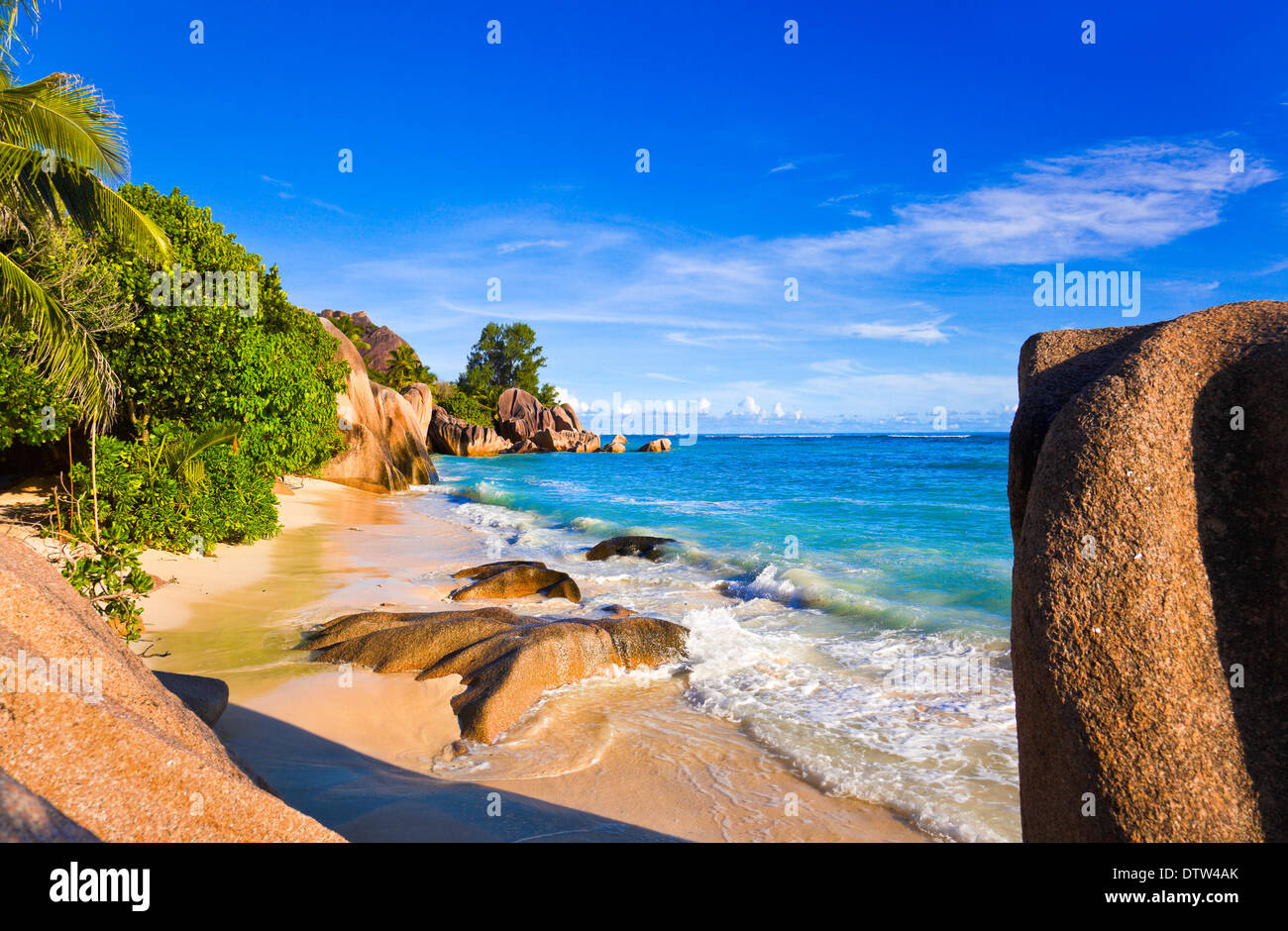 Tropical beach Source D'Argent at Seychelles Stock Photo