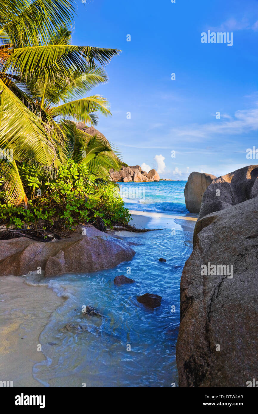 Tropical beach Source D'Argent at Seychelles Stock Photo