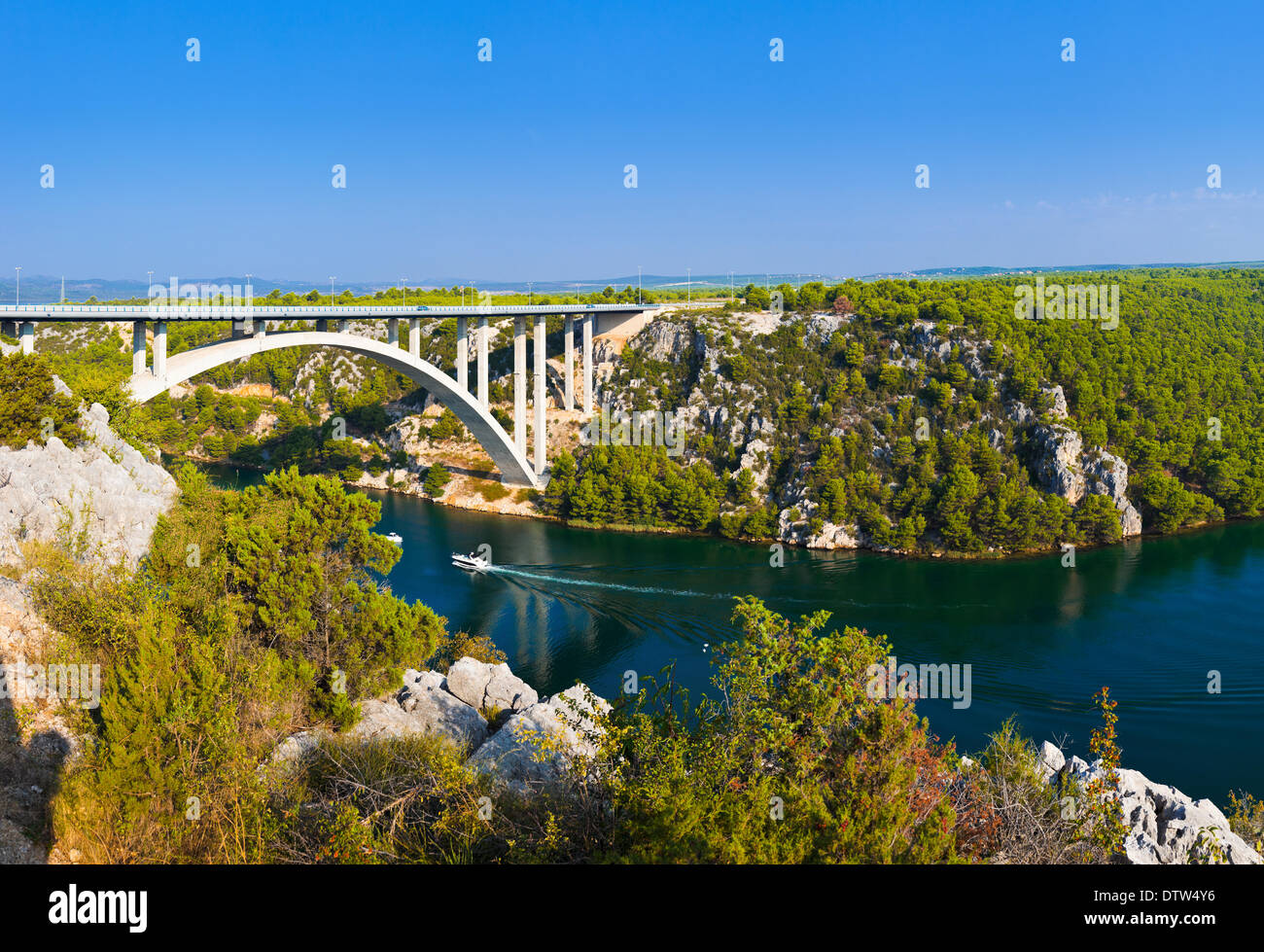 River Krka and bridge in Croatia Stock Photo