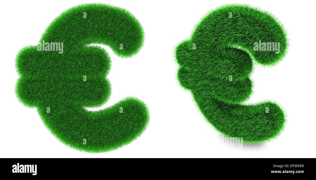 Euro currency symbol covered by green grass isolated on white ...