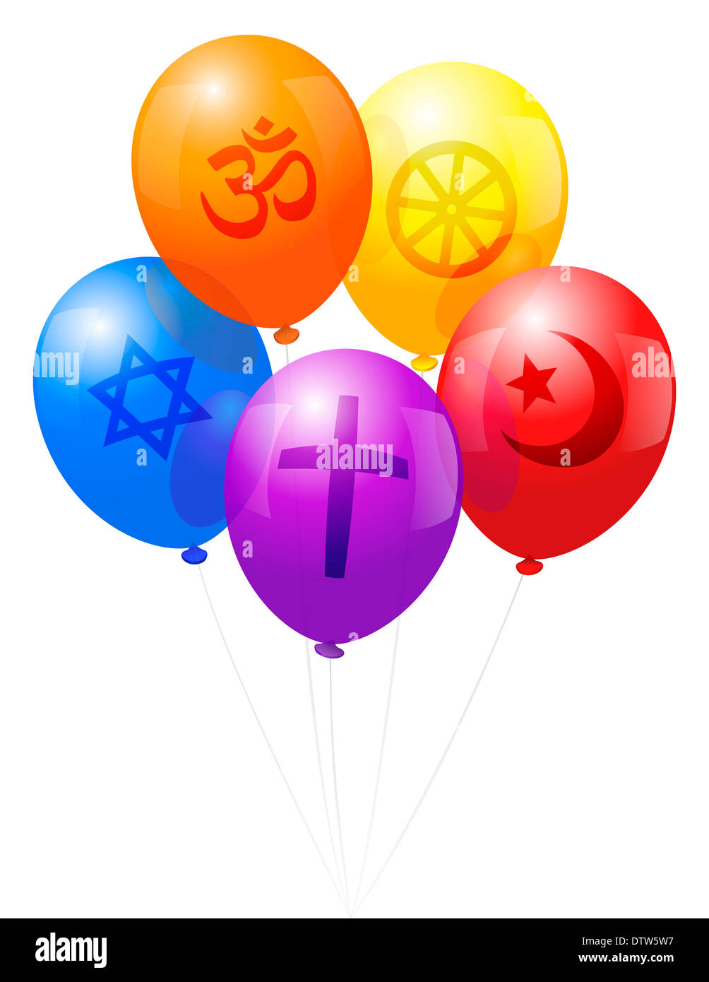 Five balloons, which are labeled with symbols of the five world religions: Christianity, Hinduism, Judaism, Islam and Buddhism. Stock Photo