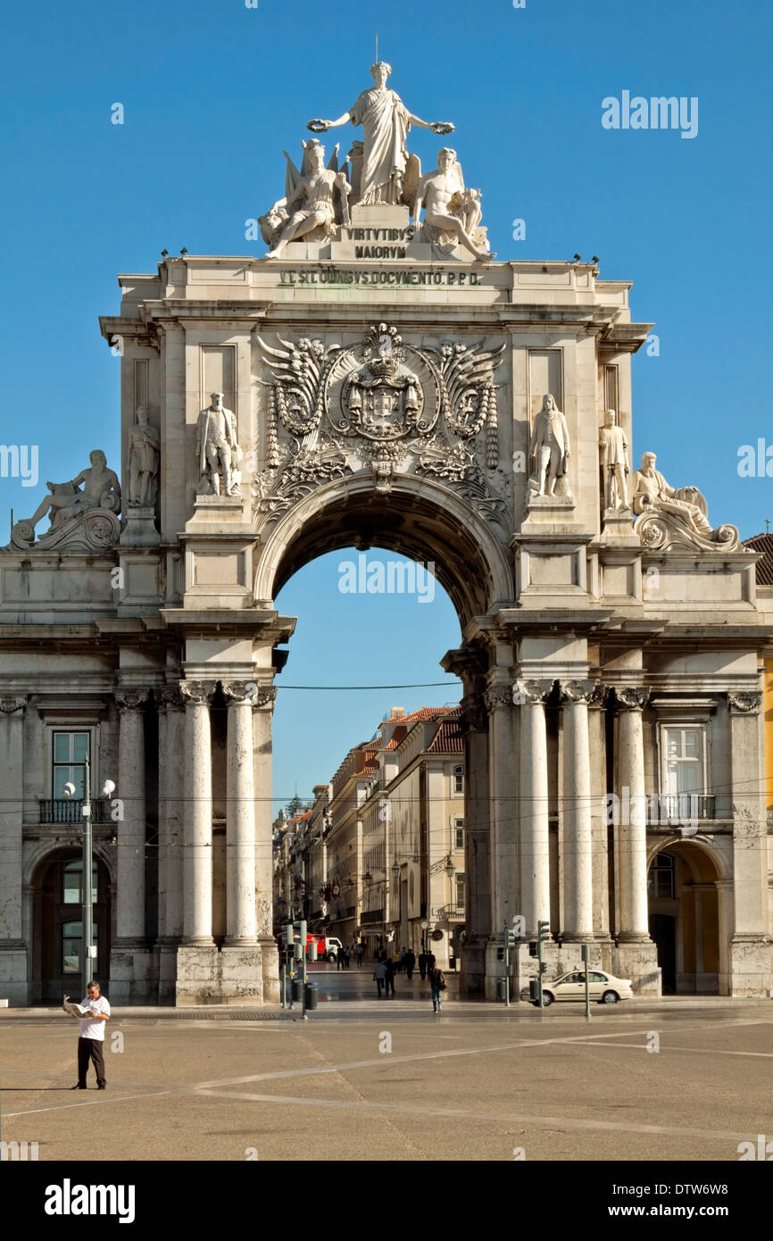 View on The Rua Augusta Arch, a stone triumphal arch and historic building in Lisbon, Praça do Comércio, Baixa, Portugal. Stock Photo