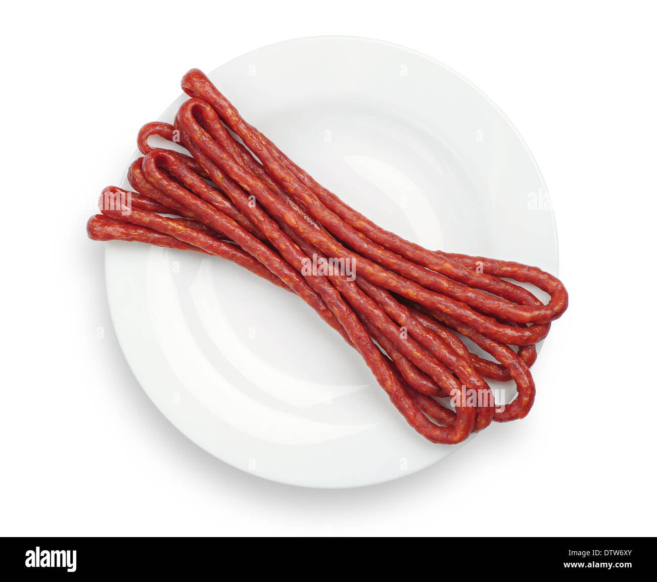 Dried sausages on white plate Stock Photo