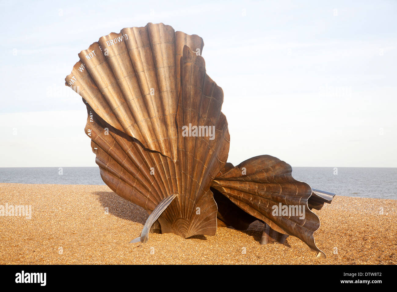 Scallop sculpture by artist Maggi Hambling, on shingle beach at Aldeburgh, Suffolk, England Stock Photo