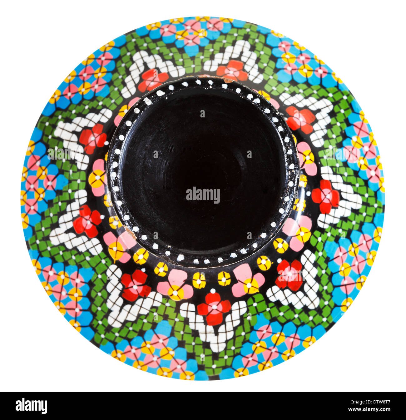 above view of moroccan ceramic pottery vase with mosaic ornament isolated on white background Stock Photo