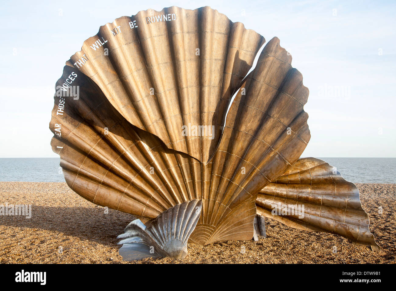 Scallop sculpture by artist Maggi Hambling, on shingle beach at Aldeburgh, Suffolk, England Stock Photo