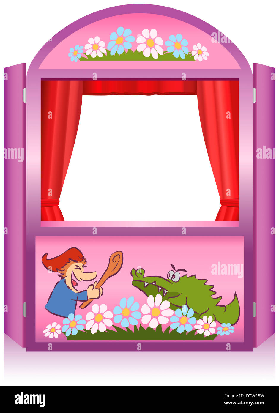 Punch and Judy, a traditional, popular puppet show. Pink booth for the puppeteer. Stock Photo