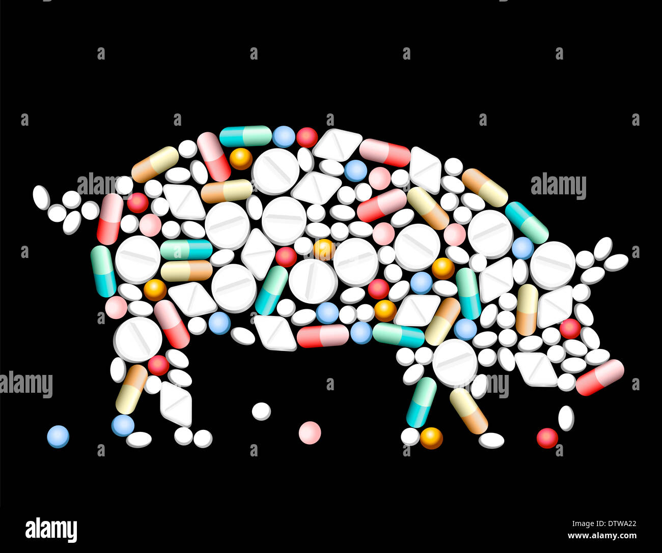 Tablets, pills and capsules, that shape a pig. Stock Photo