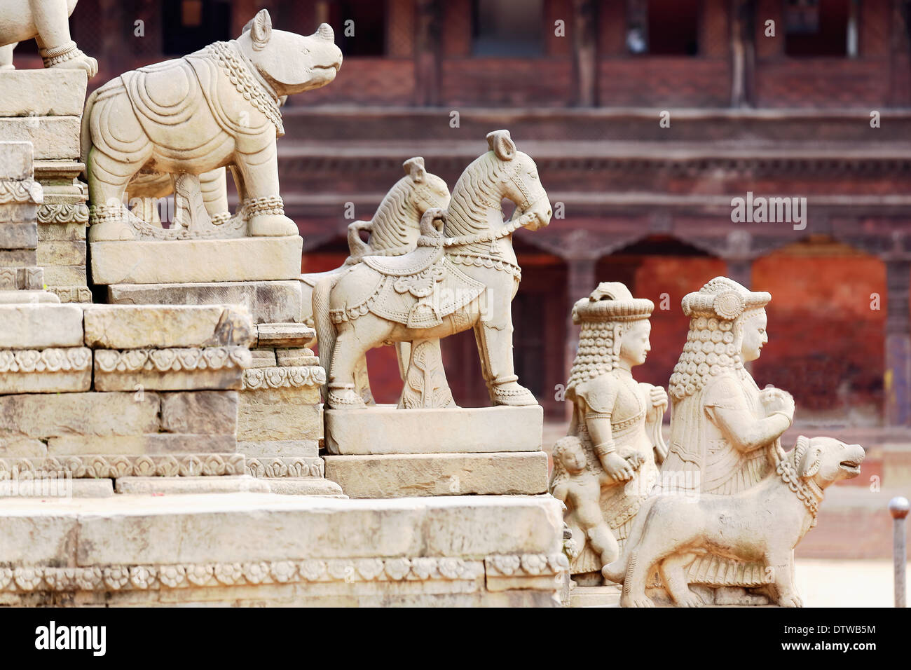 Stone statues guarding the stairway leading to the Siddhi Lakshmi temple. Durbar Square-Bhaktapur-Kathmandu Valley-Nepal. Stock Photo