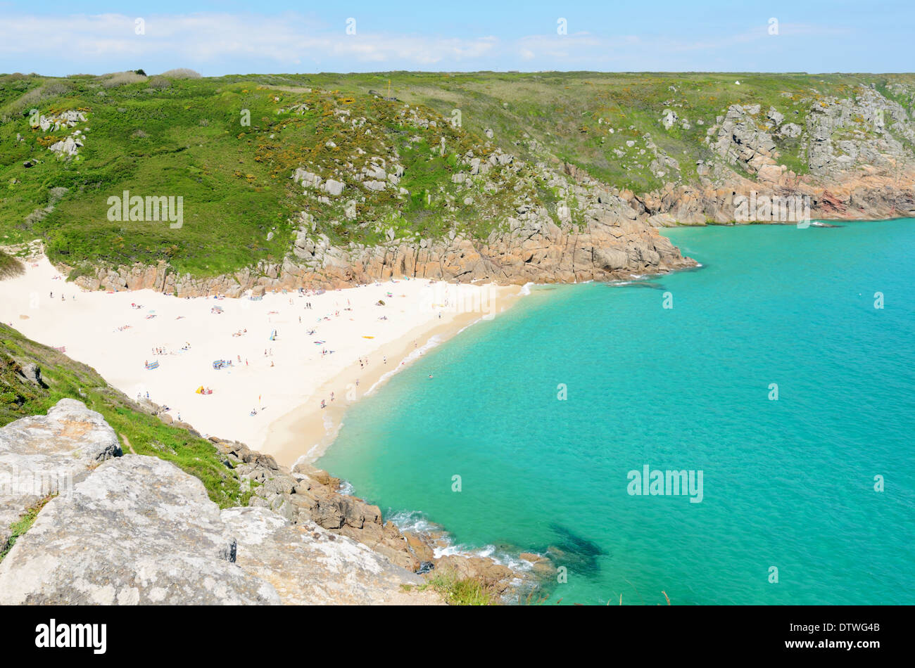 View Of Porthcurno Beach Near Penzance Cornwall England Stock Photo view-of-porthcurno-beach-near-penzance-cornwall-england-stock-photo