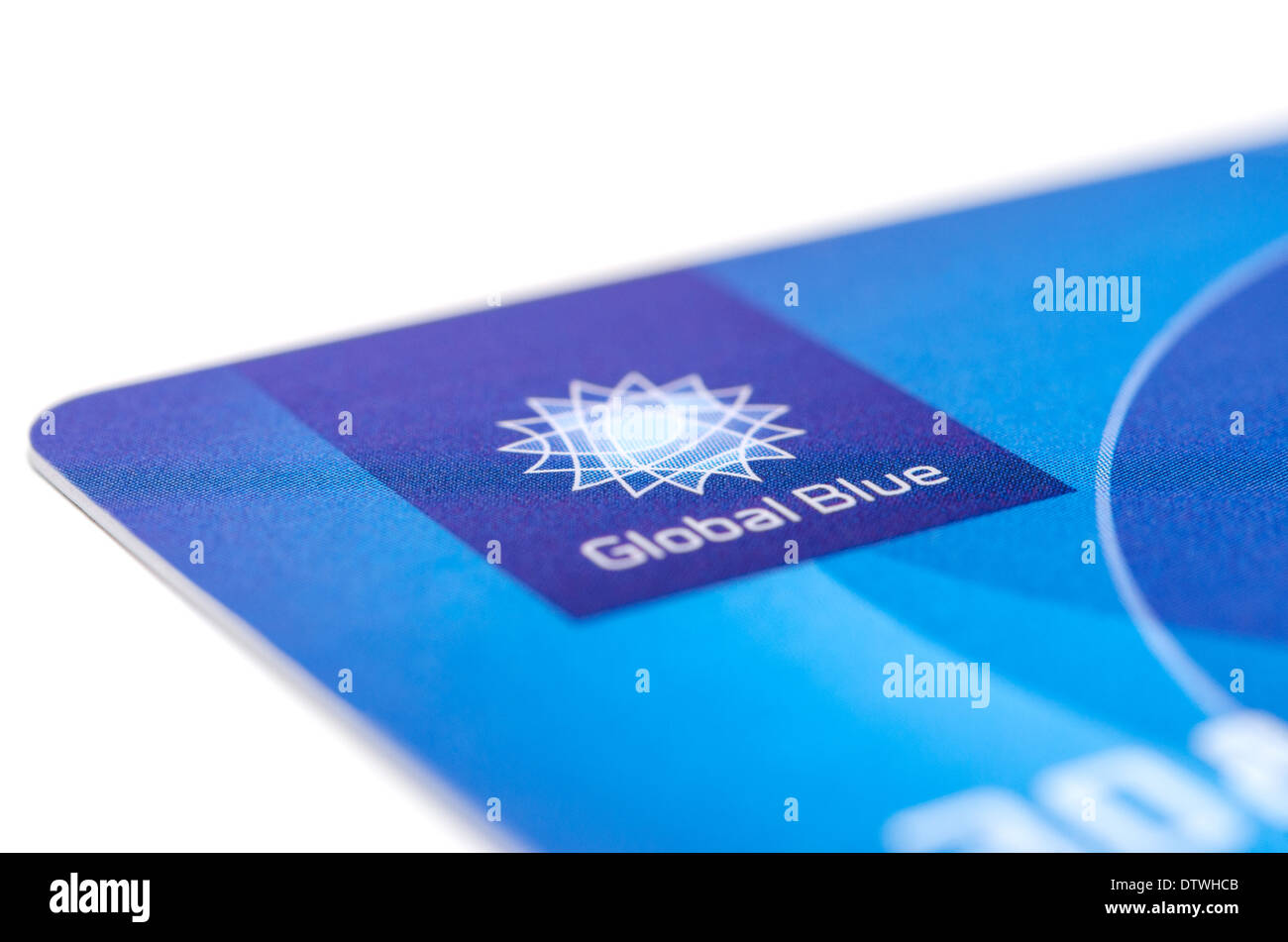 MUNICH, GERMANY - FEBRUAR 20, 2014: Close up plastic card 'Global Blue' with logo of tax free company. Isolated on white. Stock Photo