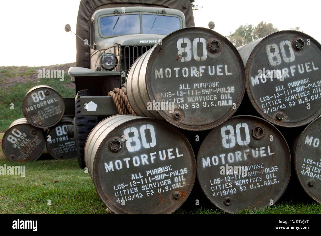 Barrels of World War II general purpose motor fuel Stock Photo