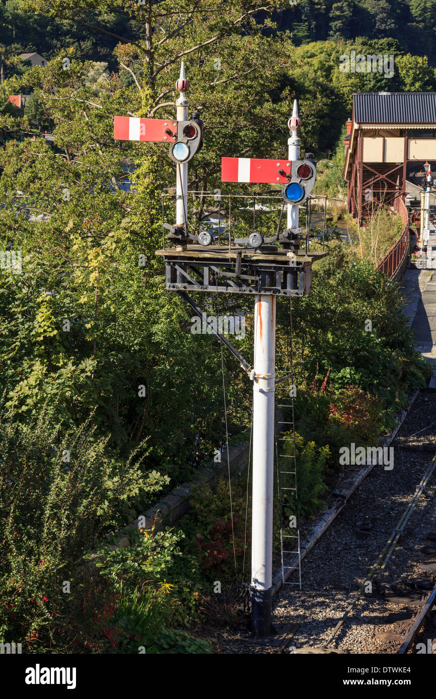 Semaphore Home Signals at Llangollen Heritage Railway. Stock Photo