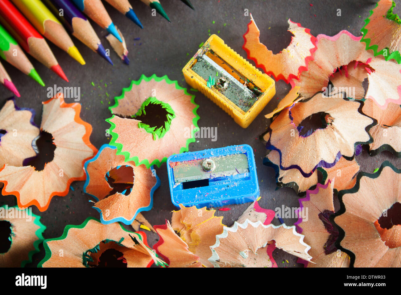 colorful pencils sharpeners trash rubbish closeup colors nobody spire spiral sharp wooden Stock Photo