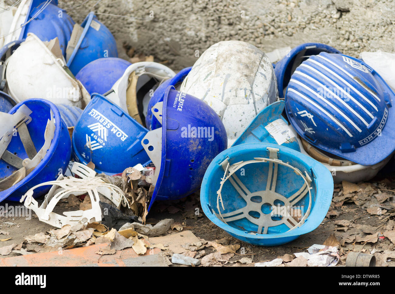 Used blue helmets Stock Photo Alamy
