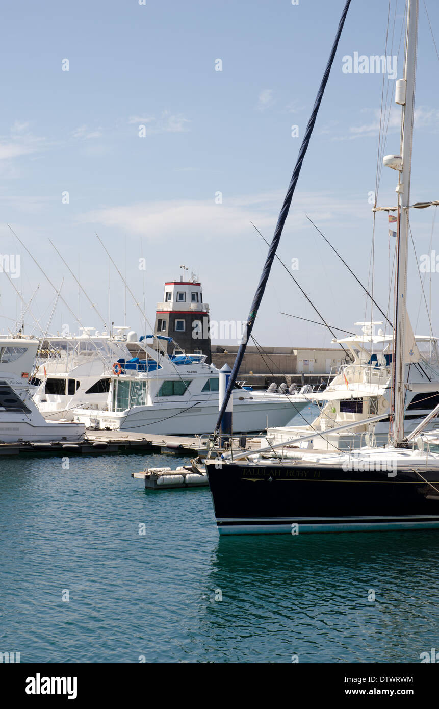 Yachts moored at Marina in Puerto Calero Lanzarote Canary Islands Stock Photo
