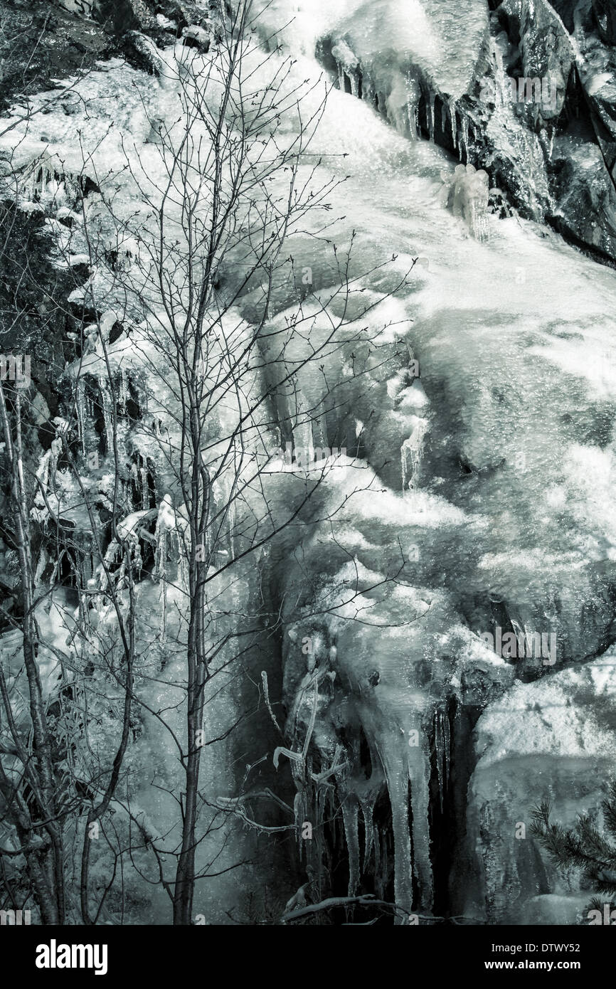 Ice fall in Alaska in black and white. Stock Photo