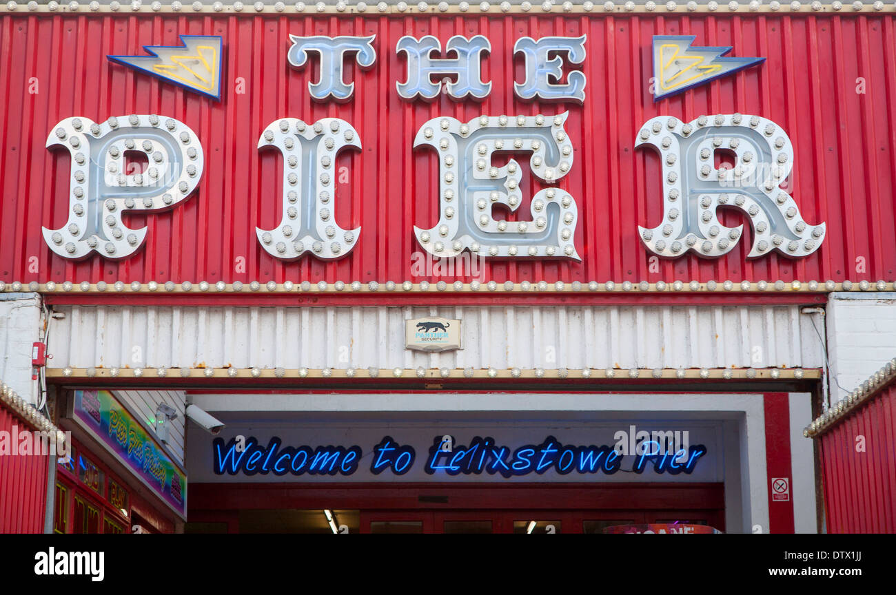 Neon signs at the amusement arcade on Felixstowe Pier, Suffolk, England Stock Photo