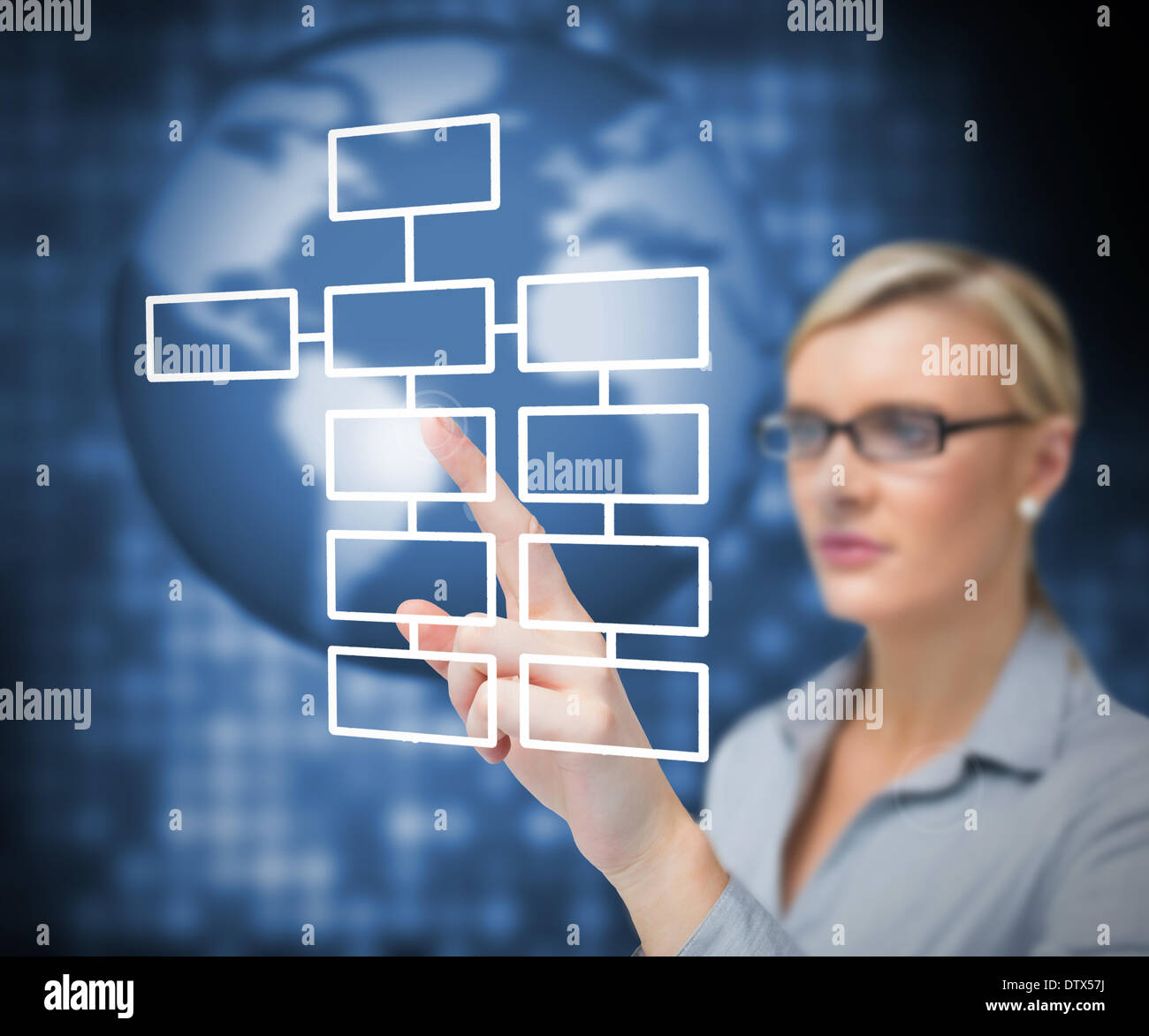 Businesswoman pressing button on touch screen Stock Photo Alamy