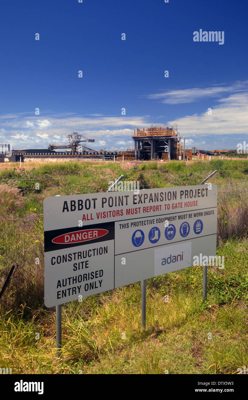 Security sign and fencing at Abbot Point expansion project, coal terminal in north Queensland, Australia. No PR Stock Photo