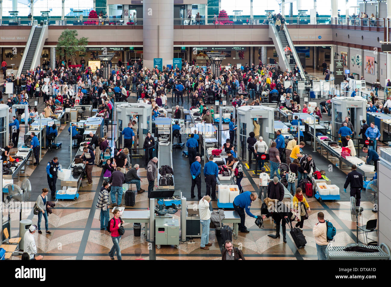 Long crowded security lines at Denver International Airport, Colorado