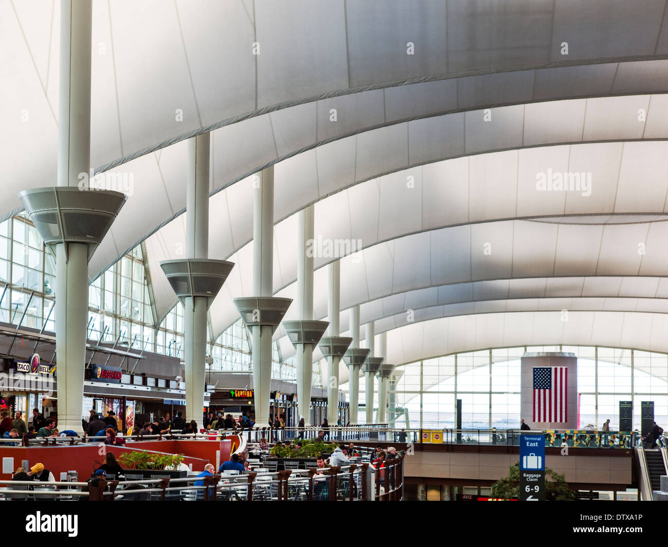 Jeppesen Terminal, Denver International Airport, Colorado, USA. Canopy roof design by Fentress Bradburn Architects Stock Photo
